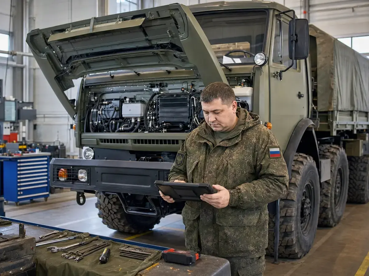 Специалист ремонтирует военную технику